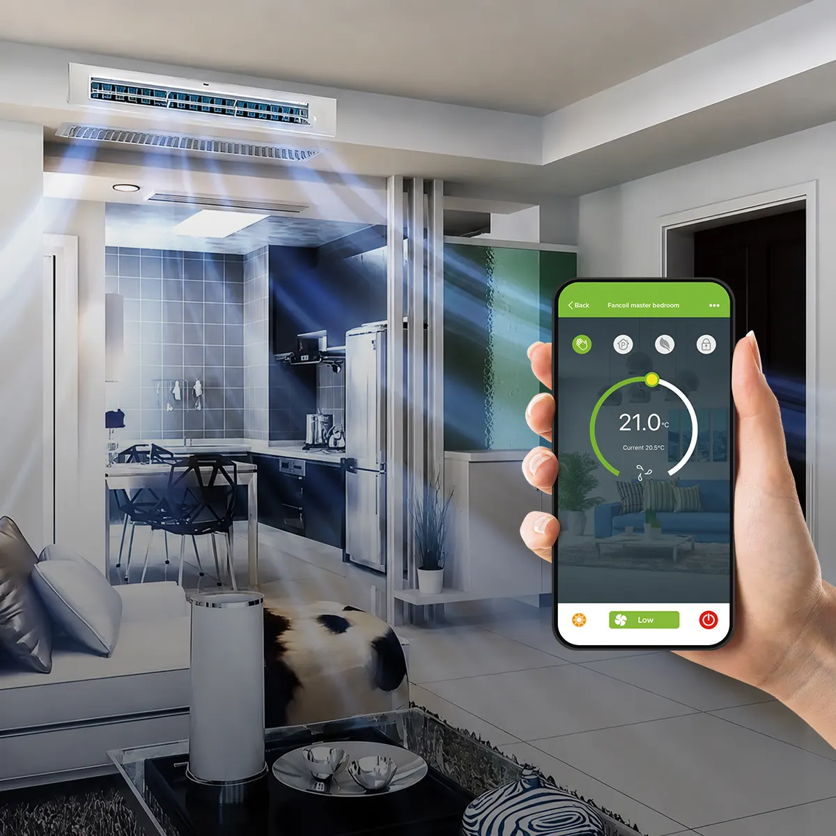 Sterowanie klimakonwektorem kanałowym Mycond MCFDS przez smartfon, dostawa w Polsce