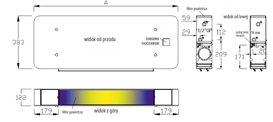 Rysunek wymiarowy klimakonwektora ściennego Mycond Silver Glass Wall, Polska