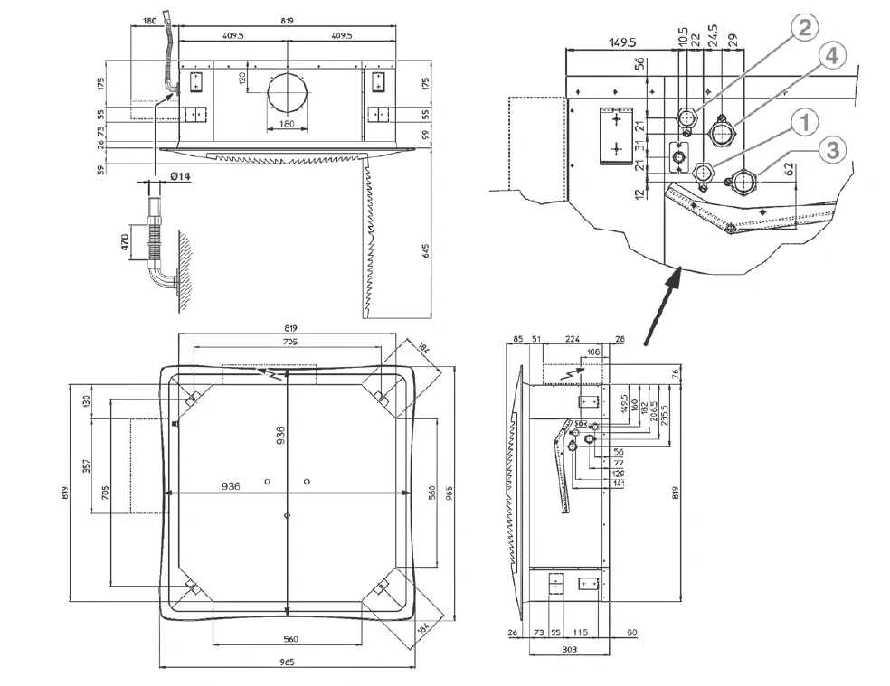 Rysunek wymiarowy klimakonwektora kasetonowego Mycond TopLine, panel 819×819 mm, Polska